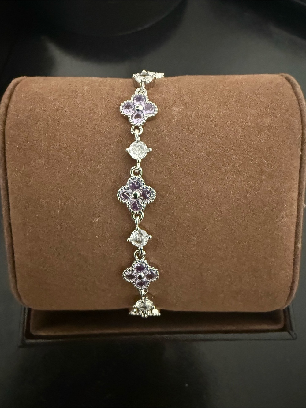New Silver Light Purple And Crystal Clover Link Bracelet